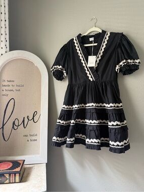 AUREUM Black Dress with White Scallop Trim - Puff Sleeve Tiered Dress